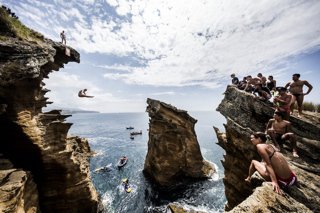 Rachelle Simpson of the USA dives from a 20 metre cliff during an open training day prior to the fifth stop of the Red Bull Cliff Diving World Series, Islet Franco do Campo, Azores, Portugal.