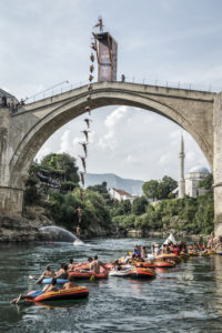 Orlando Duque of Colombia dives from the 28 metre platform on the Stari Most bridge during the sixth stop of the Red Bull Cliff Diving World Series, Mostar, Bosnia and Herzegovina.