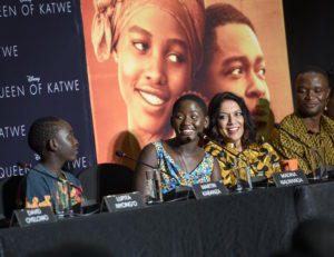 Martin Kabanza (“Brian”), Madina Nalwanga (“Phiona”), Mira Nair (Director), and Robert Katende at the press conference of Disney's "Queen of Katwe”.