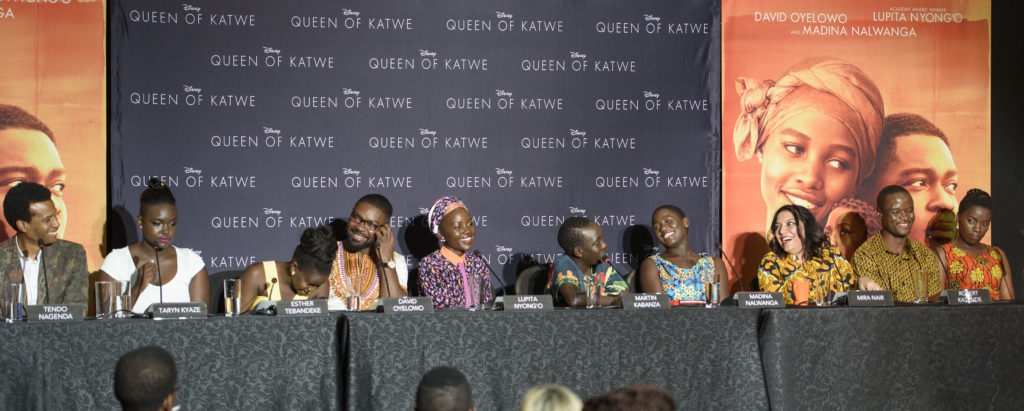 Tendo Nagenda (EVP, Production, Disney), Taryn Kyaze (“Night”), Esther Tebandeke (“Sara”), David Oyelowo (“Robert”), Lupita Nyong’o (“Harriet”), Martin Kabanza (“Brian”), Madina Nalwanga (“Phiona”), Mira Nair (Director), Robert Katende, Phiona Mutesi at the press conference of Disney's "Queen of Katwe” in Kampala, Uganda on Sunday, October 2, 2016.